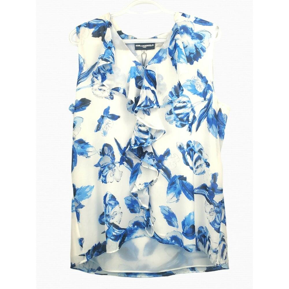 Karl Lagerfeld Blue Floral Ruffle Top M - Picture 3 of 7